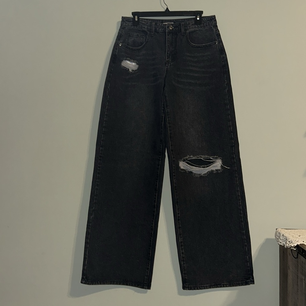 Momkrom black ripped baggy wide leg jeans M/UK10 - Picture 1 of 8